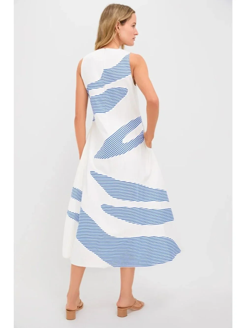 LOVE BIRDS Striped Plantscape Dress Ivory Linear Cobalt Blue Size Large NWT - Picture 4 of 9